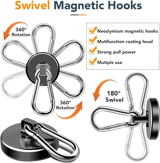 MIKEDE Strong Magnetic Hooks Heavy Duty, 200LBS+ Black Swivel Neodymium Magnets - Image 5