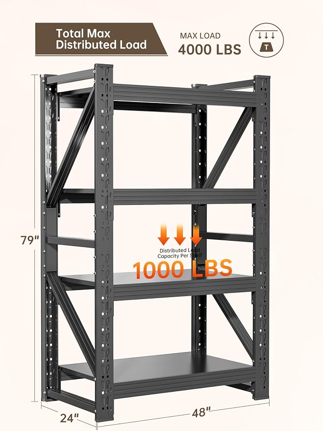 4-Tier Storage Shelves, Adjustable Industrial Metal Shelf System, 000lbs - Image 3