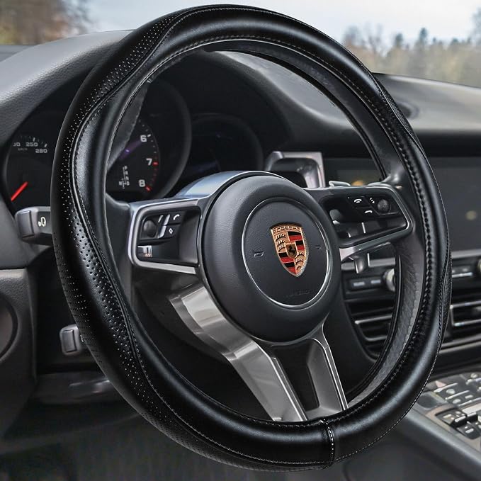 HAOKAY Top Grade Black Genuine Leather Steering Wheel Cover Men Women, Luxury by HAOKAYAUTOPRODUCTS
