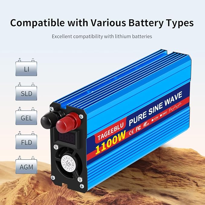 1100 Watt Pure Sine Wave Inverter, Solar Power Inverter, 12V DC to 110V AC - Image 5