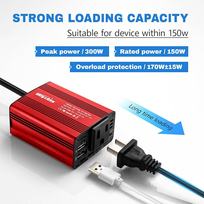 150W Power Inverter 12v to 110v Car Adapter Outlet to Wall Plug - Image 4