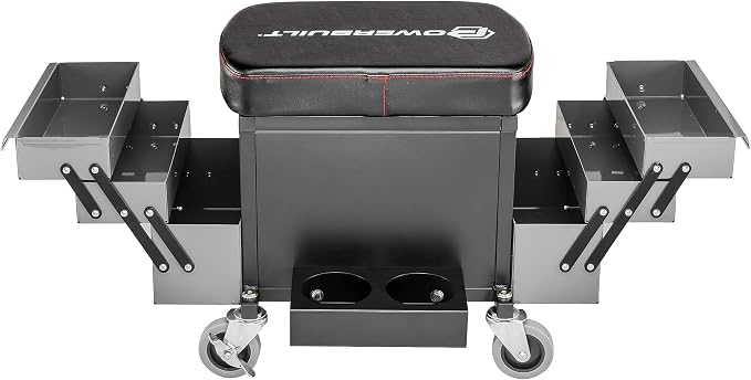 Powerbuilt Rolling Seat with Expandable Tool Trays, Roller Toolbox Garage Stool - Image 4