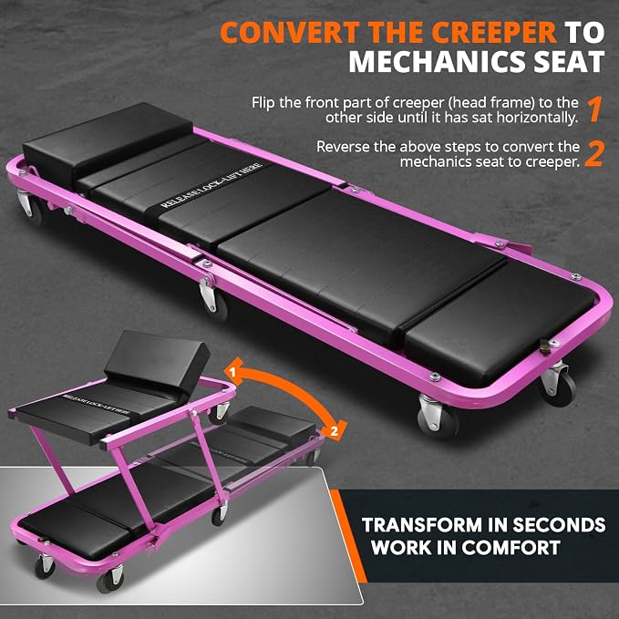 DNA MOTORING 48" 2 IN 1 Folding Rolling Garage Shop Creeper Roller Seat - Image 3