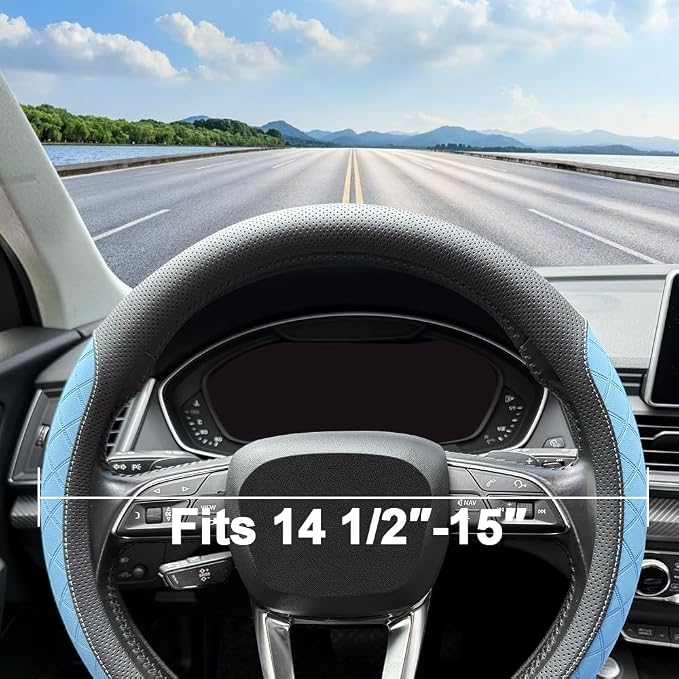 LKWLIKEI Nappa Leather Steering Wheel Cover, Elegant Diamond Checkered Design - Image 4