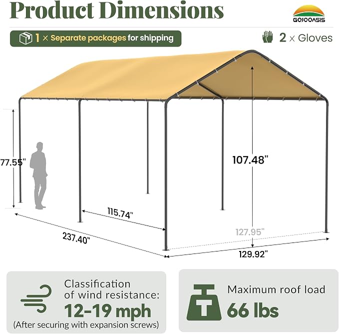 GOJOOASIS 10x20 Carport Heavy Duty Portable Garage Shelter Metal Car Canopy Tent - Image 6