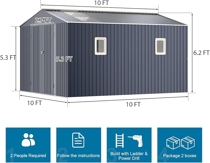 10x10 FT Metal Shed Large Waterproof Outdoor Tools Storage - Image 2