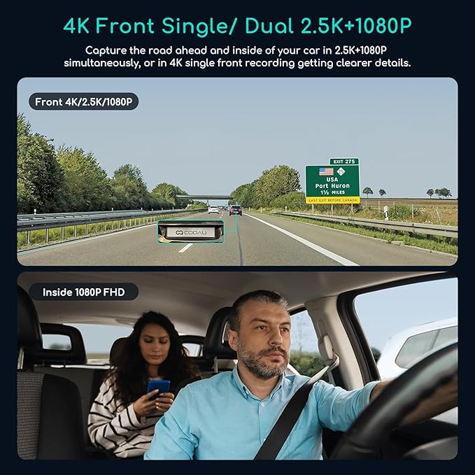 COOAU D30S 4K Dash Cam with GPS Wi-Fi, Front and Inside Dual 2.5K 1080P - Image 2