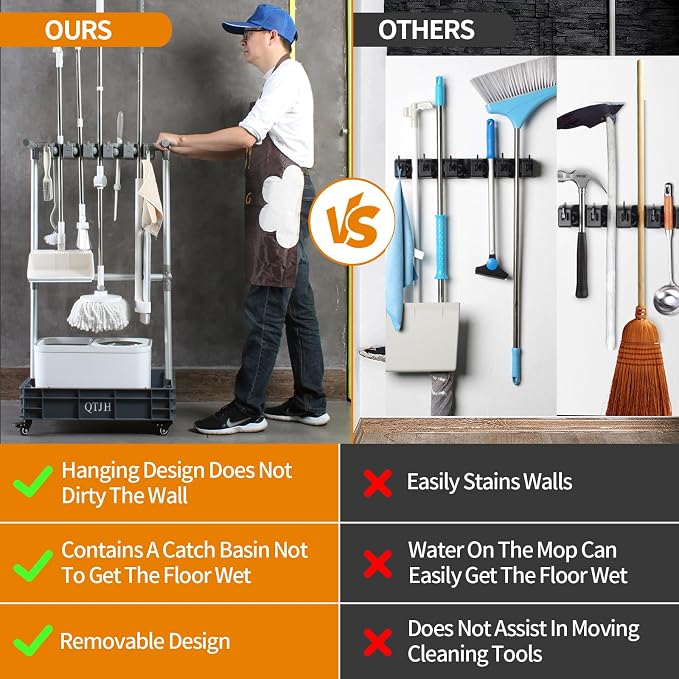 Broom mop holder cleaning supplies organizer janitorial carts on wheels - Image 4