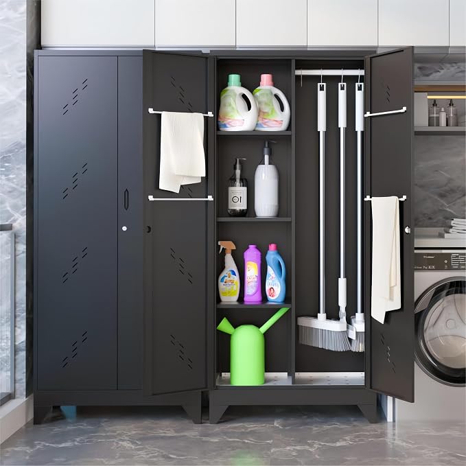 71" Broom Closet Cabinet with Hanging Rod, Tall Black Metal Storage Cabinet - Image 2