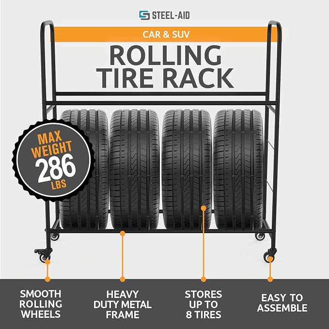 Rolling Tire Rack – Metal, Adjustable, Tire Stand & Protective Cover, Included - Image 3