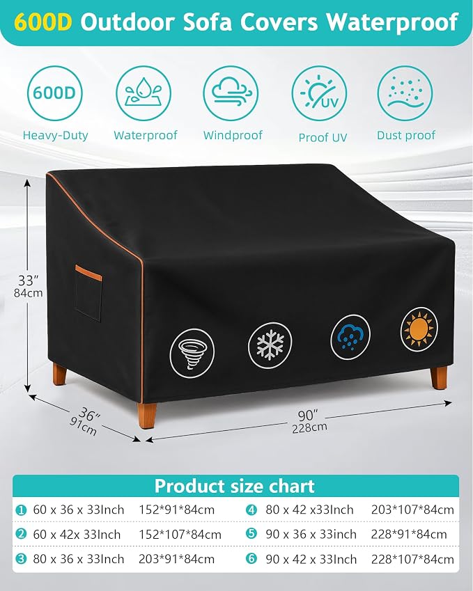 Outdoor Sofa Cover, Waterproof Patio Furniture Cover 90W x 36D x 33H inches - Image 3