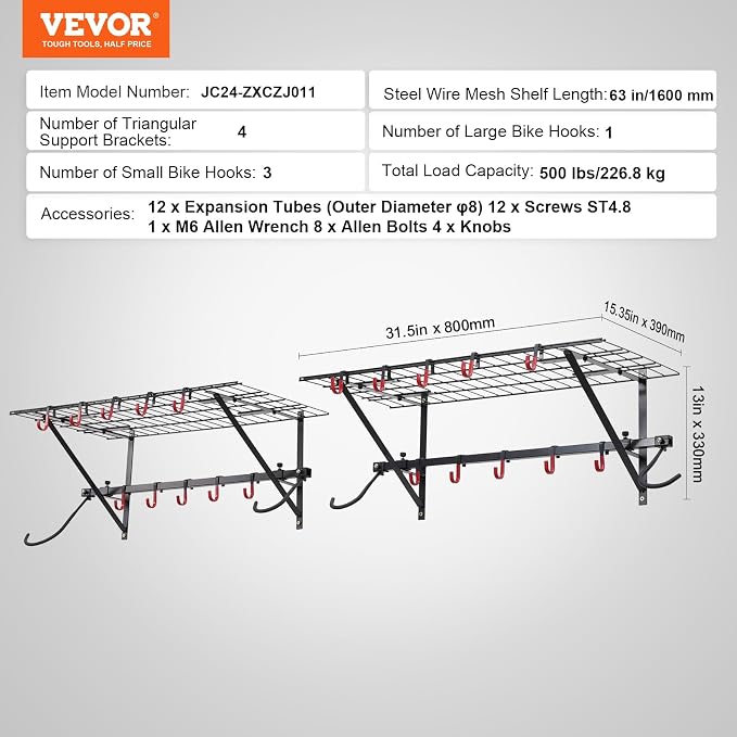 VEVOR Bike Storage Rack, 4 Bike Racks, Wall Mount Bike Storage Hanger - Image 7