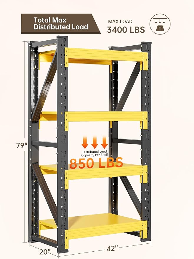 4-Tier Storage Shelves, Adjustable Industrial Metal Shelf System, 400lbs - Image 3
