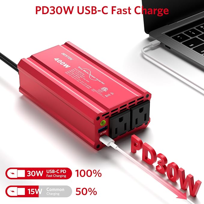 BESTEK 400W Car Power Inverter DC 12V to AC 110V Car Plug T-Type Sine Wave - Image 3