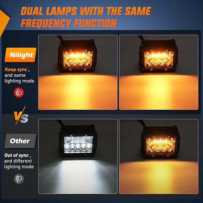 Nilight 2PCS 4Inch 60W LED Pods Spot Flood Amber White Light Bar Strobe 6 Modes - Image 4