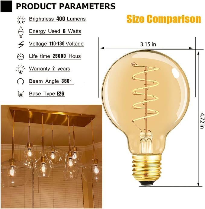 Leools Vintage LED Spiral Filament Bulb G25/G80 Dimmable Flick-Free 6W CRI95 - Image 2