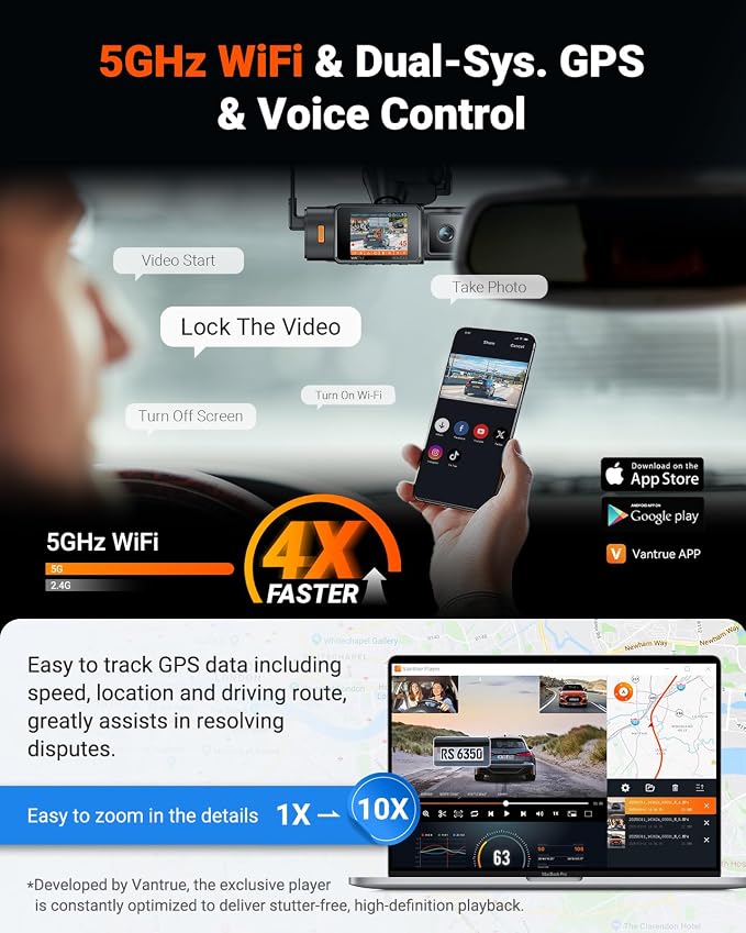Vantrue N4S 3 Channel Front Inside Rear Dash Cam, 2.7K+1440P+1440P WiFi Dash - Image 5