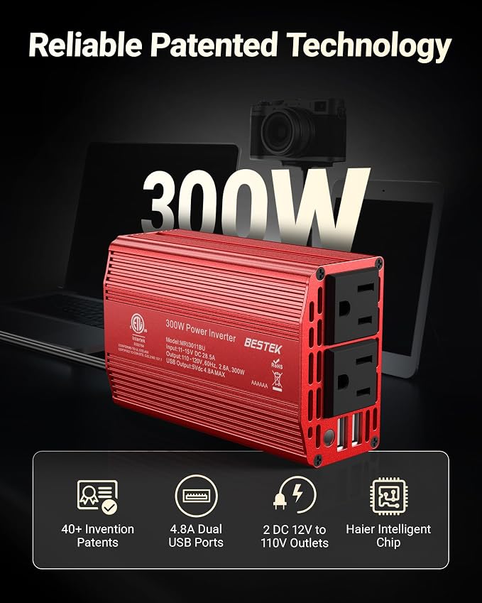 BESTEK Power Inverter DC 12V to AC 110V - 300W Car Plug Adapter Outlet - Car - Image 2