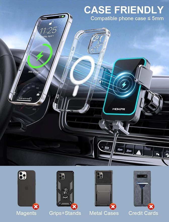 Wireless Car Charger, MOKPR 15W Fast Charging Auto Clamping Dashboard - Image 6