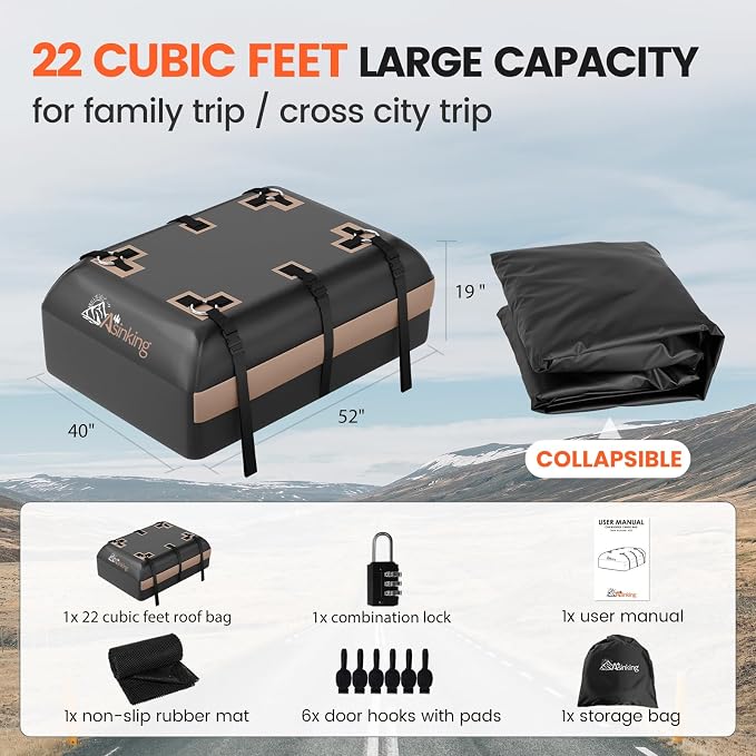 Asinking Car Rooftop Cargo Carrier Bag, 22 Cubic Feet Waterproof Roof Cargo Bag - Image 5