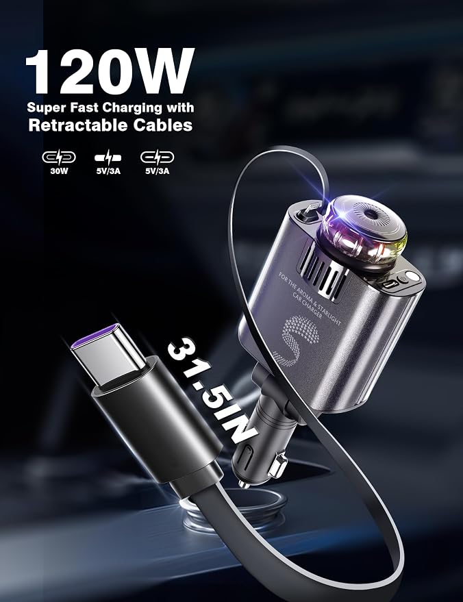 Retractable Car Charger USB C Fast Charging 120W, Car Accessories Cigarette - Image 3