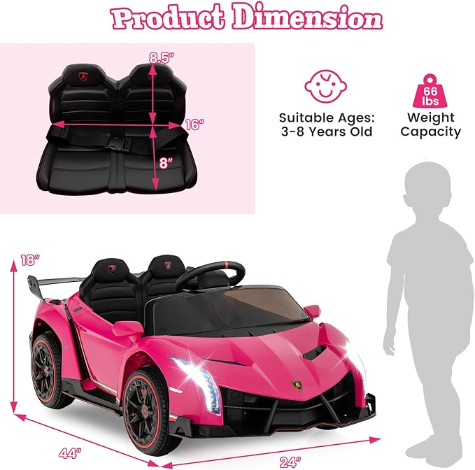 Costzon Pink Lamborghini Ride on Car, 12V Battery Powered 4WD Lambo Kids Car - Image 6