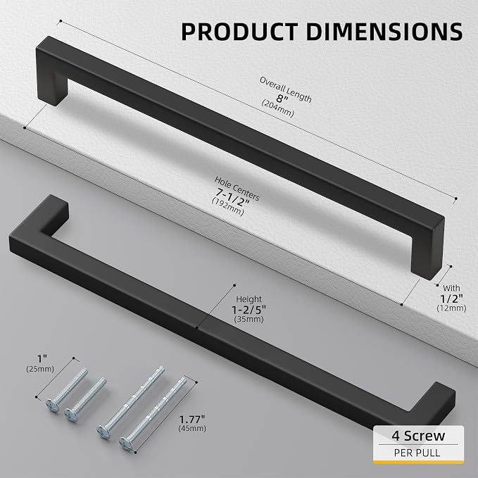 Goldenwarm 2 Pack Black Square Bar Cabinet Pull Drawer Handle Stainless Steel - Image 2