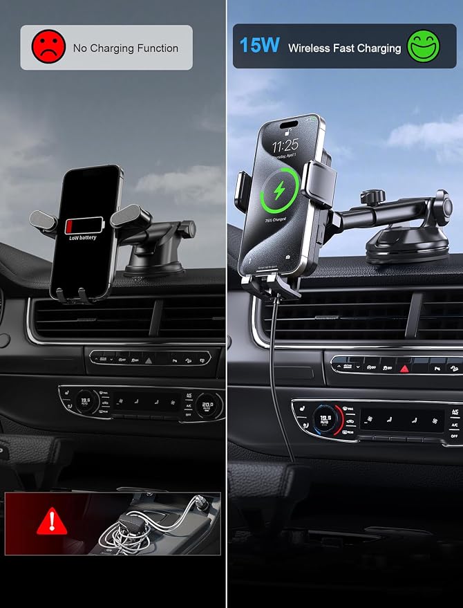 Wireless Car Charger, MOKPR 15W Fast Charging Auto Clamping Dashboard - Image 3