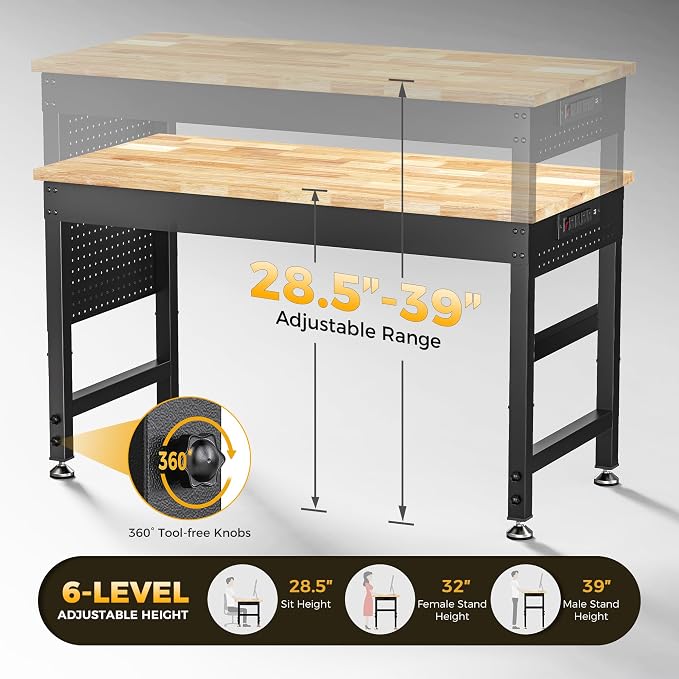 48" Adjustable Heavy Duty Workbench, 2000 LBS Load Capacity Rubber Wood Work - Image 4
