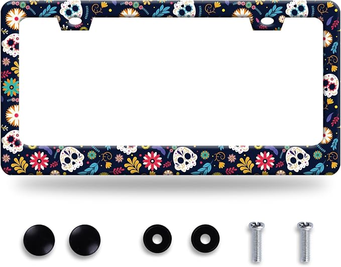 Sugar Skull Flowers License Plate Frame Cute Colorful License Plate Frames by BRAGHRTED