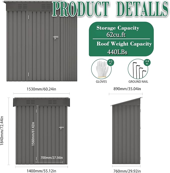 5x3x6FT Outdoor Storage Shed, Galvanized Steel Garden Shed - Image 6