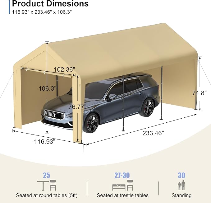 Carport 10x20 Heavy Duty Portable Garage w/Removable Sidewalls & Roll-Up Door - Image 4