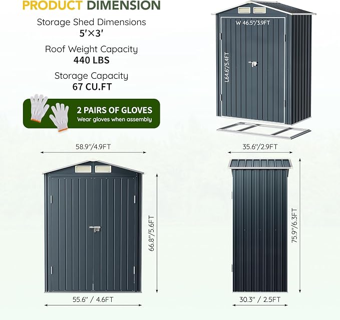 Breezz 5x3FT Vertical Outdoor Steel Storage Shed - Image 3