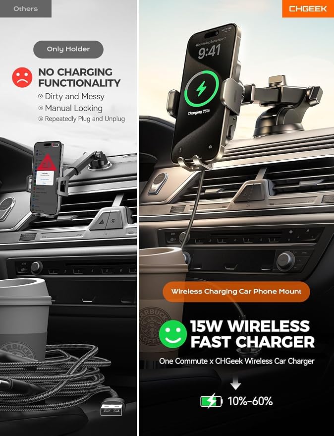 CHGeek Wireless Car Charger Phone Holder Mount, 15W Fast Charging Auto Clamping - Image 3