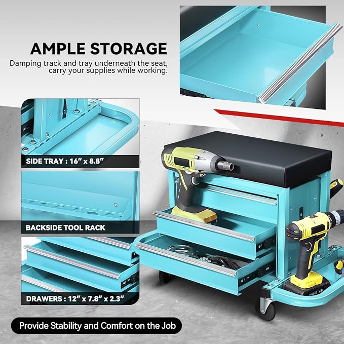 Auto Dynasty 3-Drawer Mechanic Rolling Seat, 350 LBS Capacity Roller Garage - Image 3