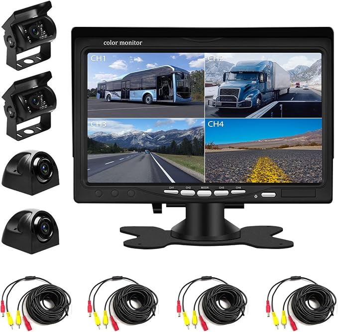 Backup Camera Kit 7 inch 4-Spilt Monitor Rear View Cameras by OiLiehu