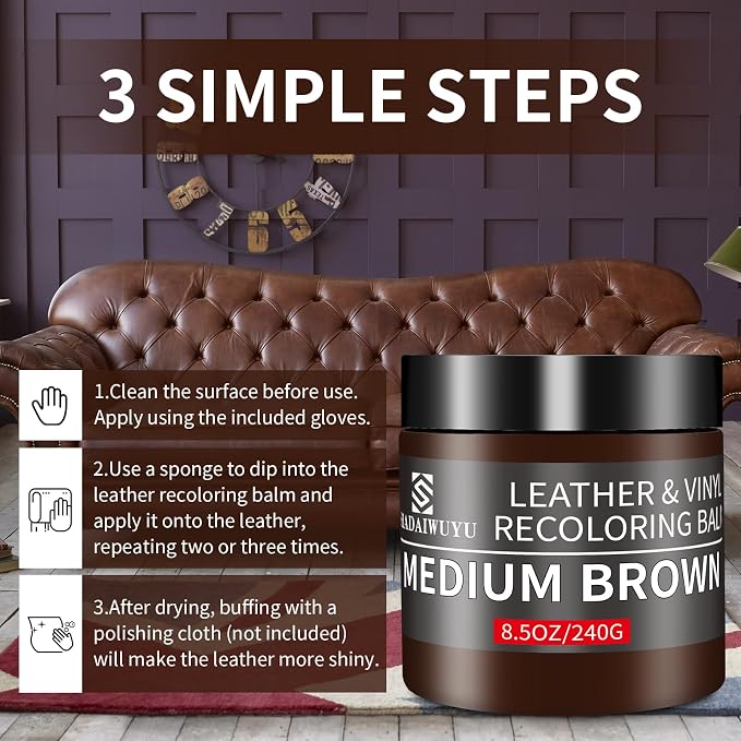 Leather Recoloring Balm, 8.5oz Leather Color Restorer, Medium Brown Leather - Image 4