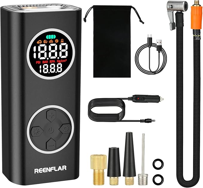 Cordless Tire Inflator with Dual Nozzle & Digital Gauge, 150PSI Portable Air by REENFLAR