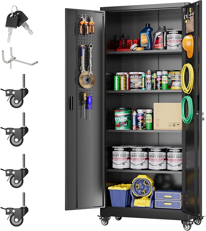 Metal Storage Cabinet with Wheels, Pegboard and 4 Hooks, Assembly Required by GANGMEIMENTALSTORAGECABINET