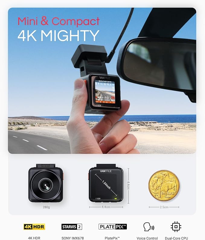 Vantrue E1 Pro 4K Mini Dash Cam Front, STARVIS 2 PlatePix HDR Night Vision Car - Image 2
