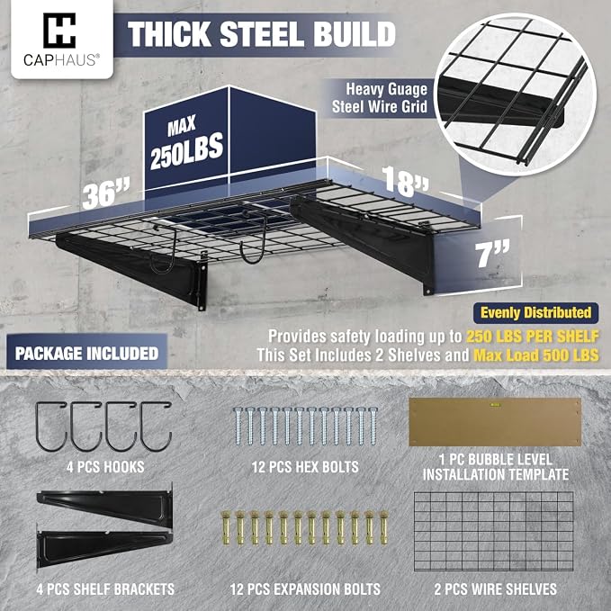Fencer Wire 36 in. W x 18 in. D Wall Mounted Garage Wall Shelving w/ 2 Hooks - Image 3