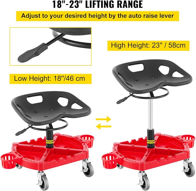 VEVOR Rolling Garage Stool, 300LBS Capacity, Adjustable Height from 18 in to 23 - Image 4