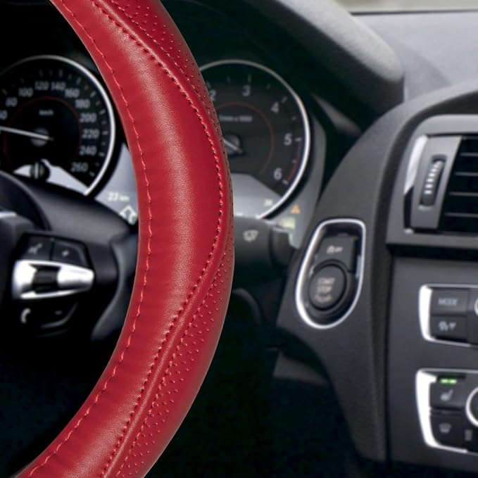 HAOKAY Top Grade Red Genuine Leather Steering Wheel Cover Women, Luxury - Image 4