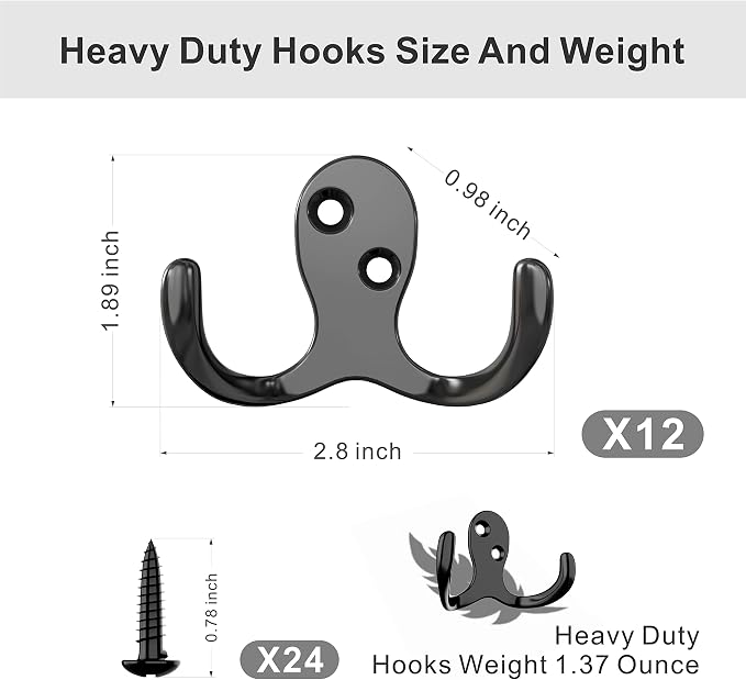 12 Heavy Duty Double Prong Coat Hooks | Wall Hooks - Image 5