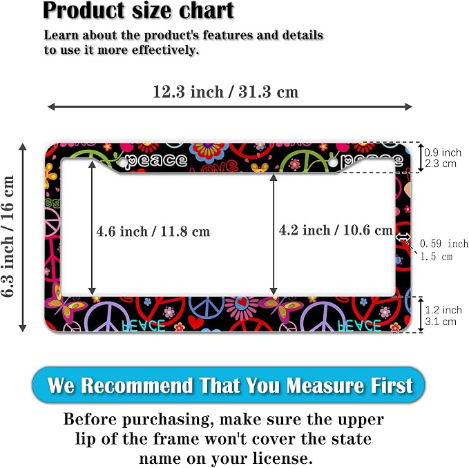Car License Plate Frame Multicolor License Plate Frames Hippies Peace Flower - Image 2