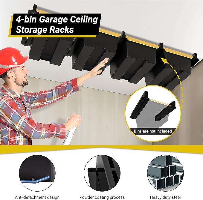 Overhead Garage Storage Rack 4-Bin, Heavy Duty Ceiling Racks w/ 400 LBS Load - Image 4