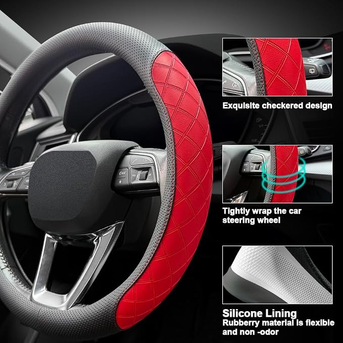 LKWLIKEI Nappa Leather Steering Wheel Cover, Elegant Diamond Checkered Design - Image 4