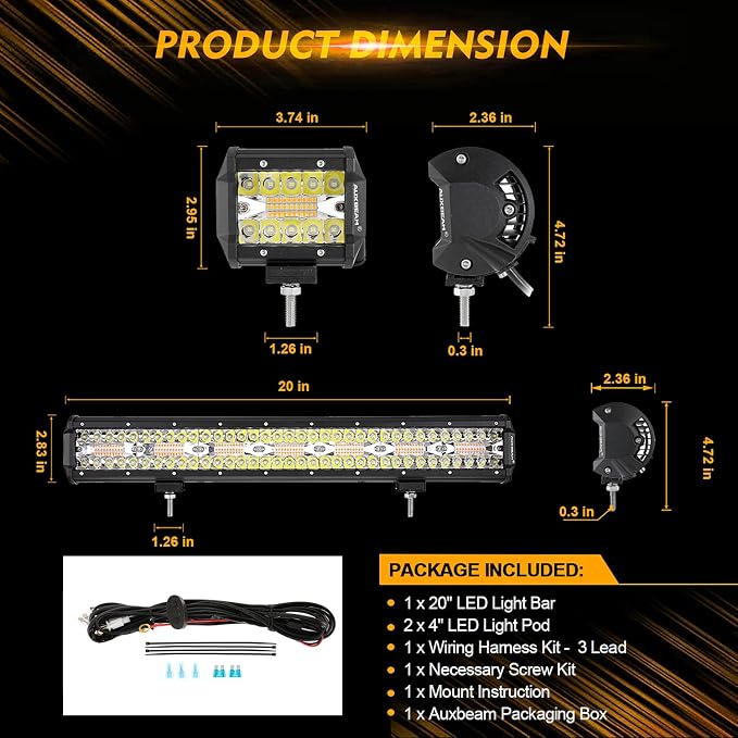 Auxbeam 20" 420W LED Light Bar w/ 2x 4" 120W Pods, Amber/White Strobe Off-Road - Image 3