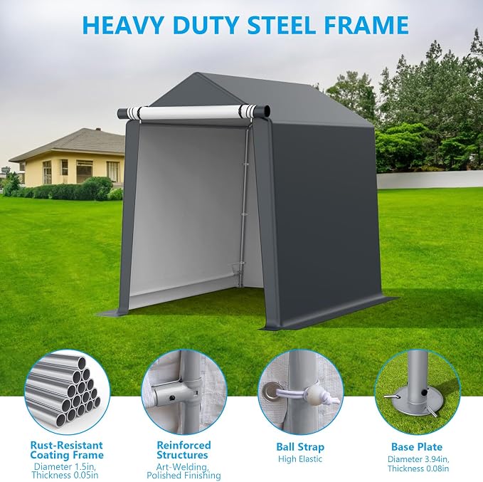 6x8FT Outdoor Storage Shelter Carport, Portable Shelter Heavy Duty Storage Shed - Image 5