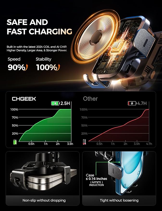 CHGeek Wireless Car Charger Phone Holder Mount, 15W Fast Charging Auto Clamping - Image 8